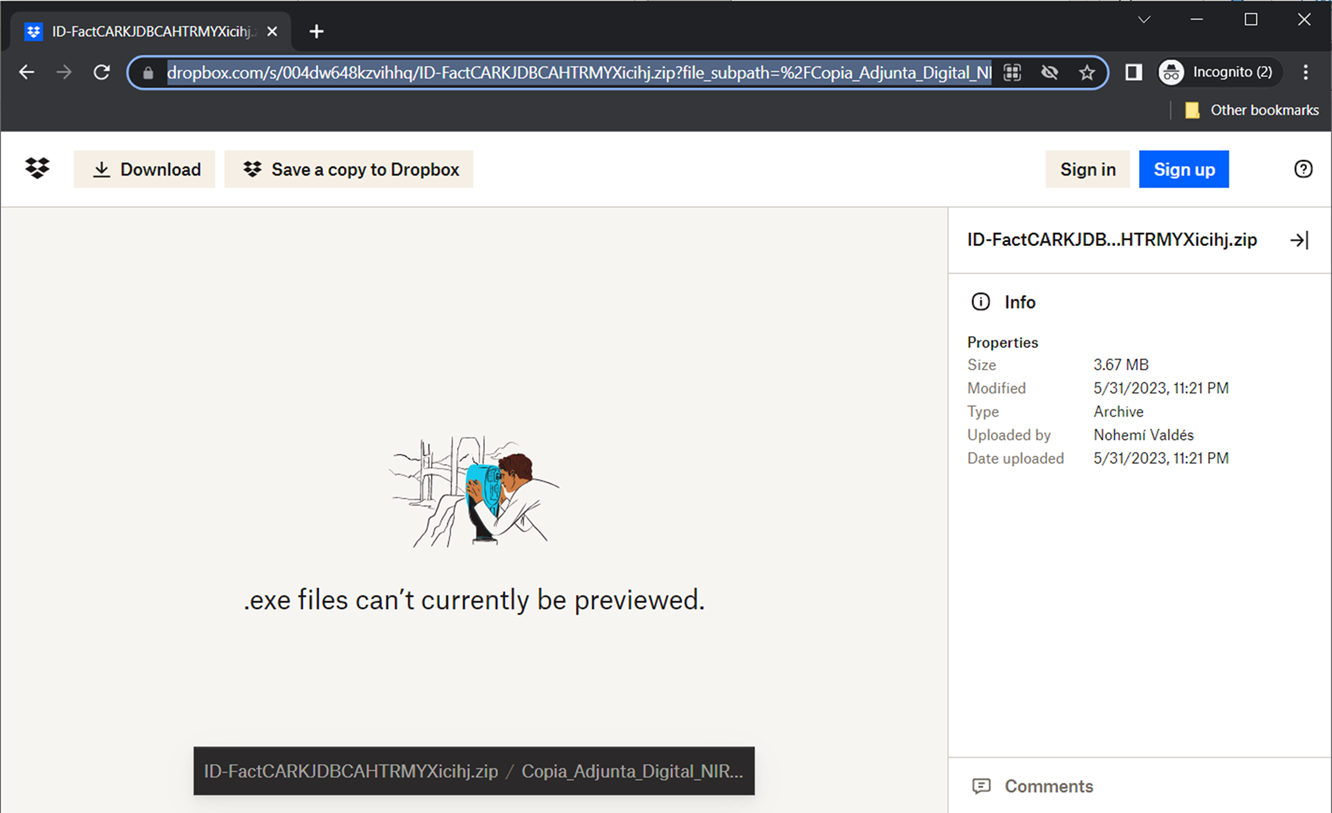 Figure 4. Dropbox storage with the uploader name “Nohemi Valdes”