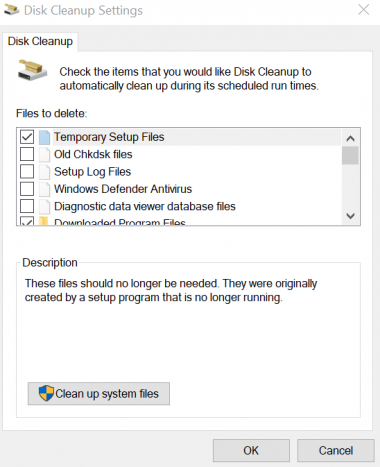 Disk Cleanup settings