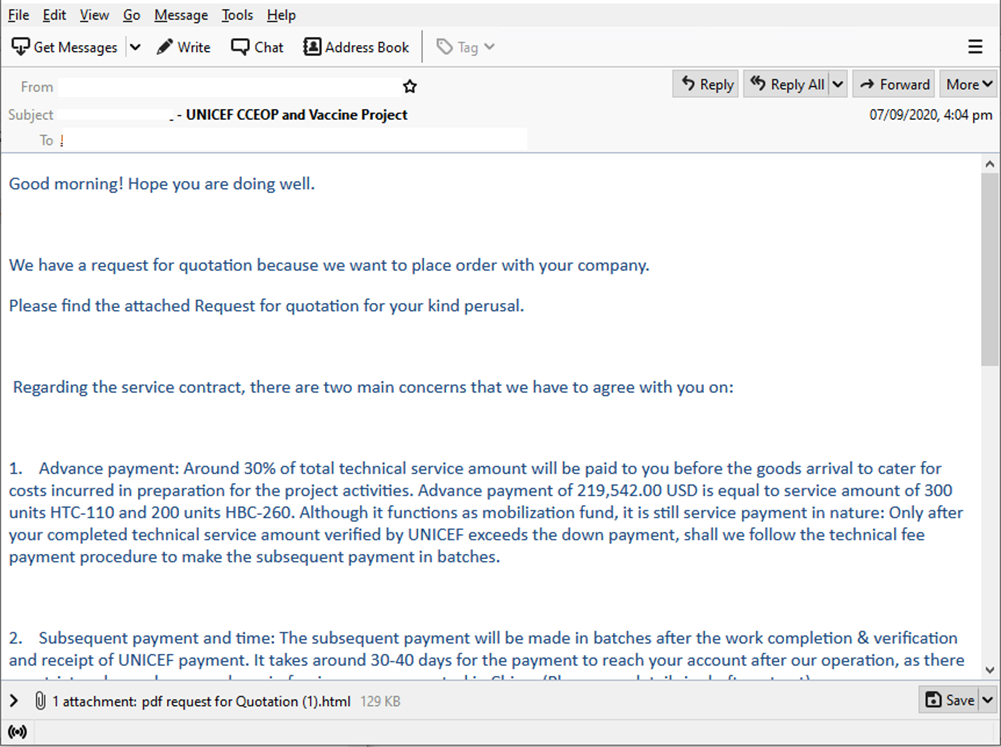 Figure 5. A sample phishing email for a supposed Covid-19 vaccine project 