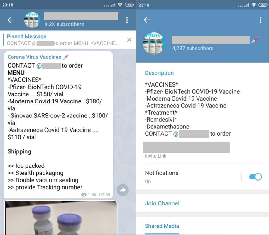 Figure 9. A Covid-19 vaccine scam on a Telegram channel