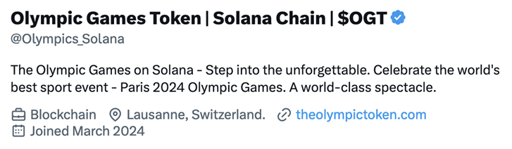 Figure 3. The X (formerly, Twitter) account with the username @Olympics_Solana advertising the Olympic Games Token (OGT) 