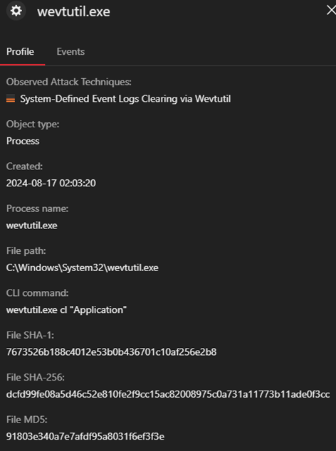 LogDel.bat executing wevtutil.exe to execute the command “wevtutil.exe  cl "Application"”