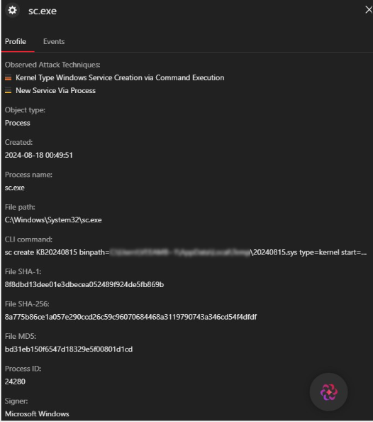EDRKillShifter (svc.exe) creates a Windows service named KB20240815