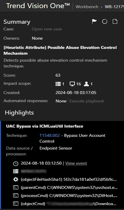 Detections via Vision One (left) indicating abuse of elevation control mechanism (right)