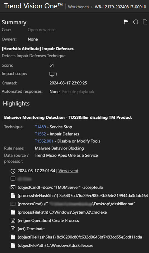 Vision One detection of tdsskiller disabling an antivirus service