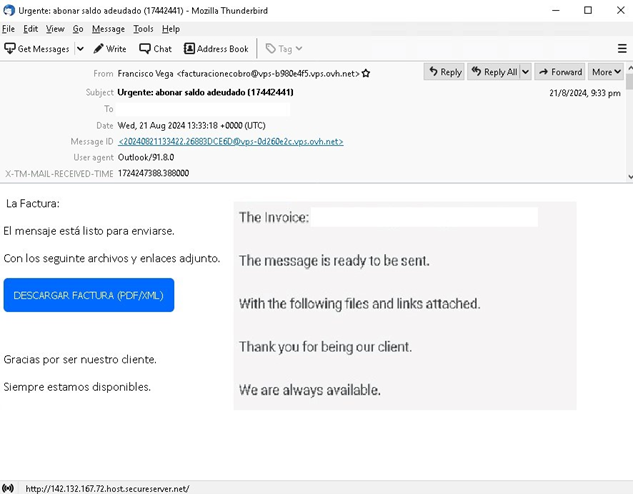 Figure 1. A Mekotio phishing email with an embedded link