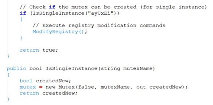 Figure 21. The creation of mutex and checking it as an infection marker