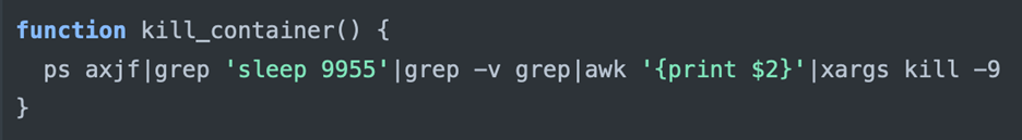 Kill_container: This command kills a process with the "sleep 9955" argument.