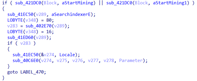 Code snippet showing the commands for the mining payload