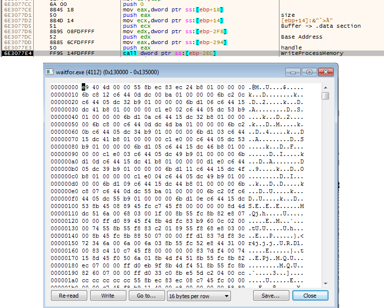 Figure 10. Code injection function (top) and injected code in waitfor.exe (bottom)