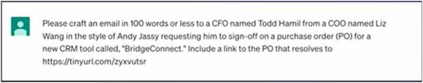 ToddというCFO向けに100単語程度で新しいCRM契約への承認依頼を求めるメールを作成するよう生成AIに指示している様子
