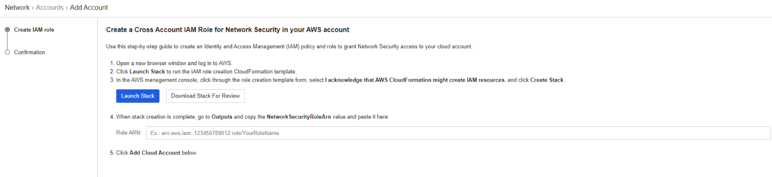 Trend Micro Cloud One - Network Security (C1NS)とAWSアカウント連携を行う画面