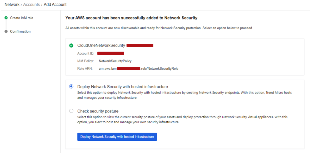 Trend Micro Cloud One - Network Security (C1NS)とAWSアカウント連携成功画面