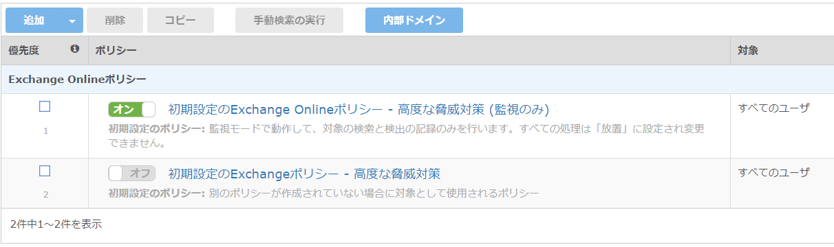 Exchange Onlineポリシーの画面