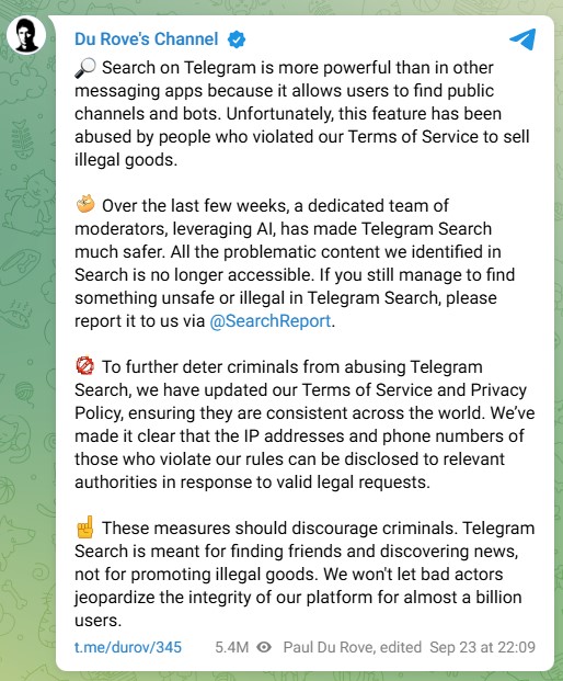 Telegramの犯罪行為への対策について語るドゥーロフ氏の投稿