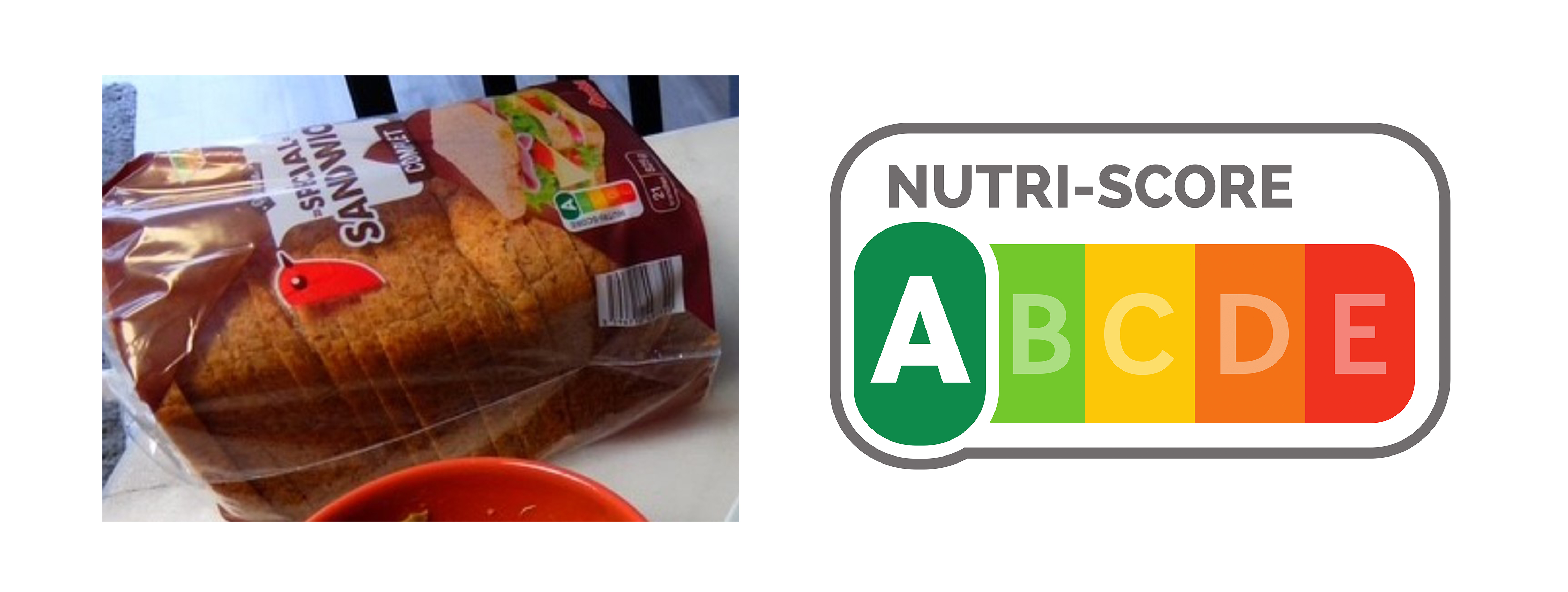 写真：食品に掲示された「Nutri-Score」（左：編集部撮影）とスコアの見本（右）