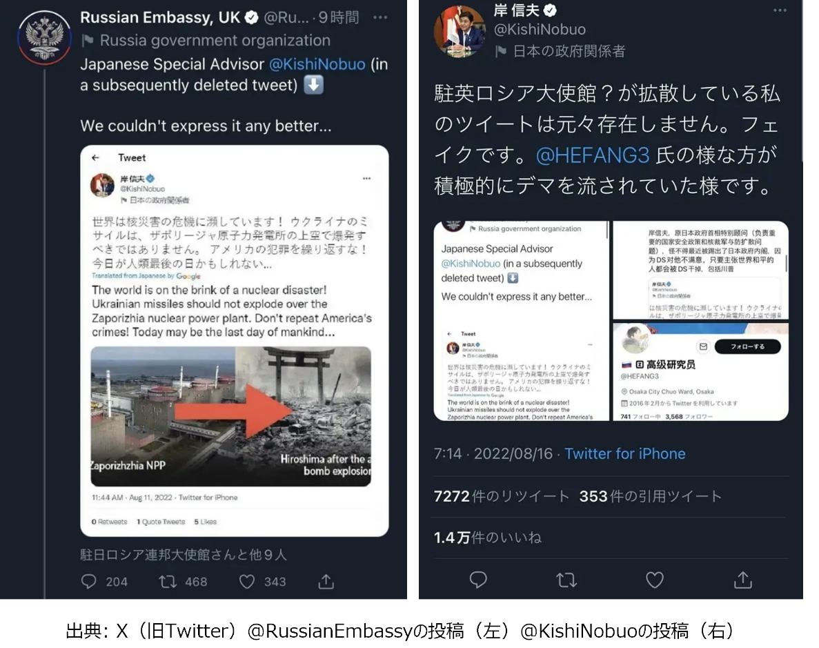 画面：日本の防衛大臣を騙ったSNSへの投稿リポスト（左、引用postは偽物）とそれを否定する本人の投稿（右、本物）