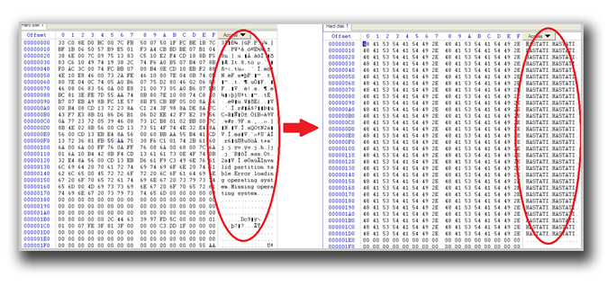 図3：クリーンな状態の破壊前のハードディスクと、上書きされ破壊されたハードディスク