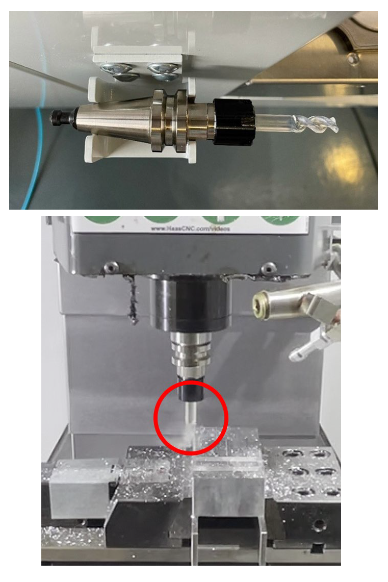 圖 1：利用 3D 列印製作出來的實驗用刀具 (上)，因為撞上正在加工的材料而損毀 (下)。