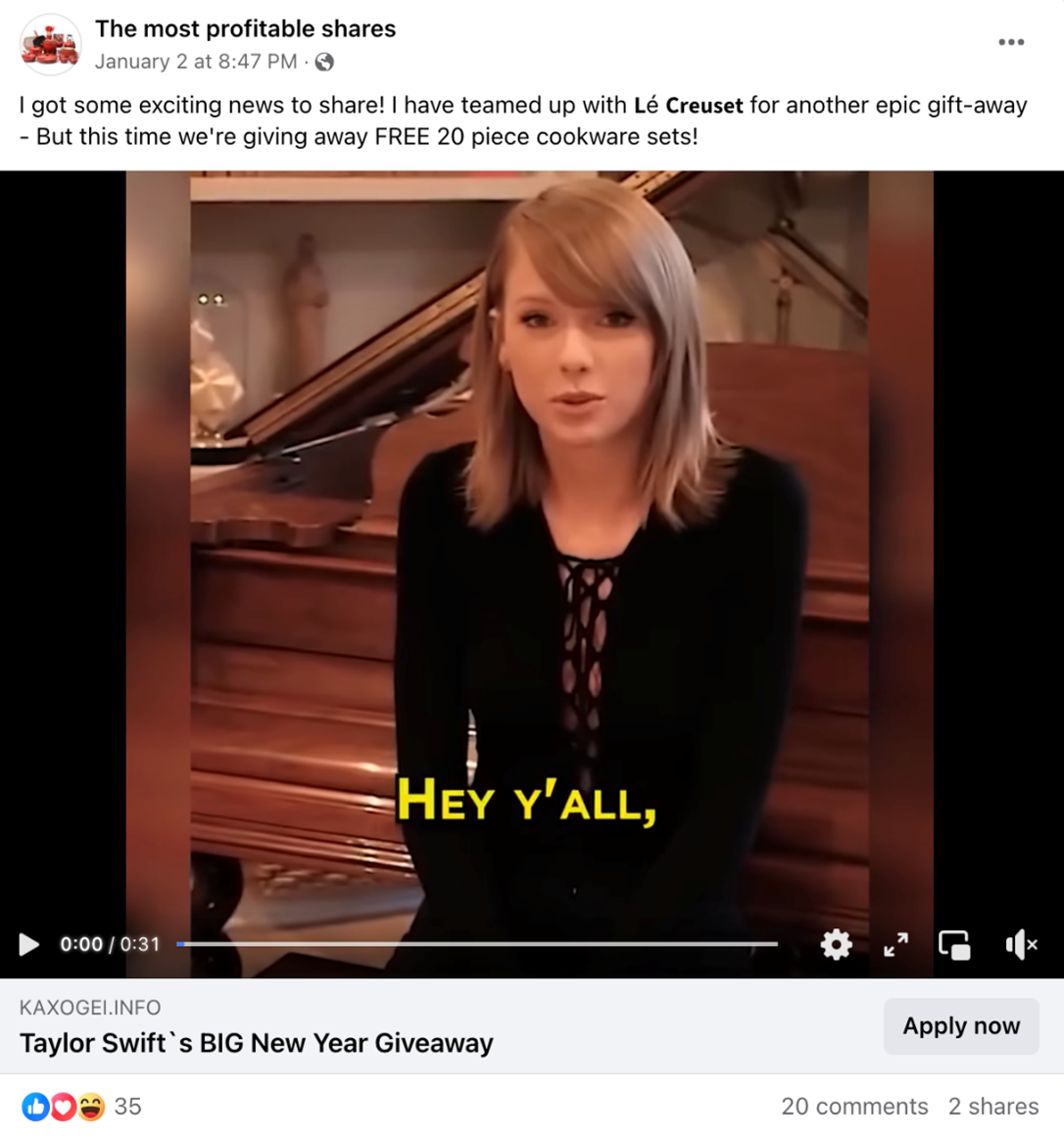 Le Creuset Taylor Swift Giveaway Scam on Facebook