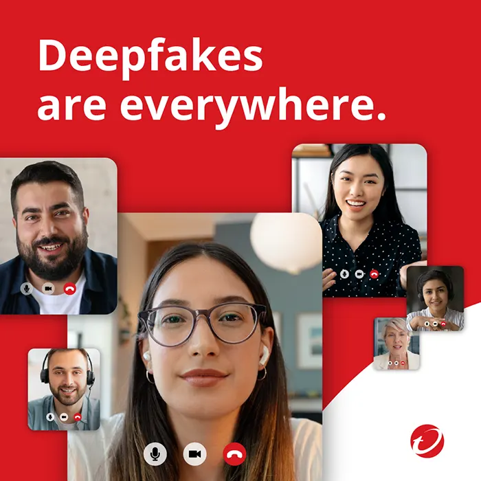 Illustration of video call screenshots on mobile phones with text 'Deepfakes are everywhere' promoting the free Trend Micro Deepfake Inspector