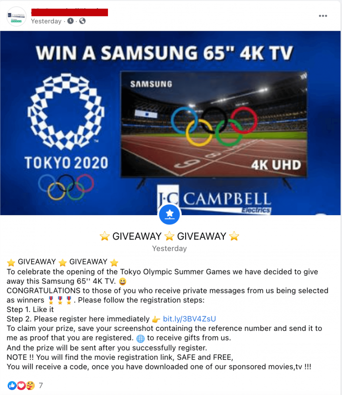 Screenshot of fake social media giveaway, Paris Olympics 2024 scams