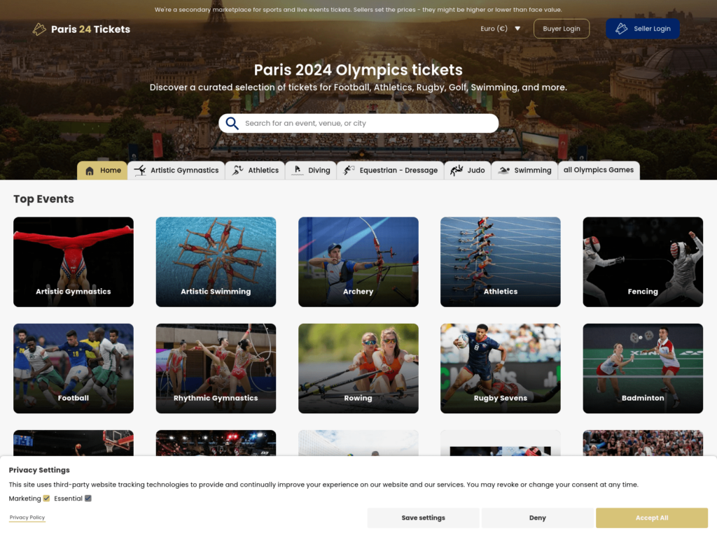 Screenshot of a fake ticket website, Paris Olympics 2024 scams