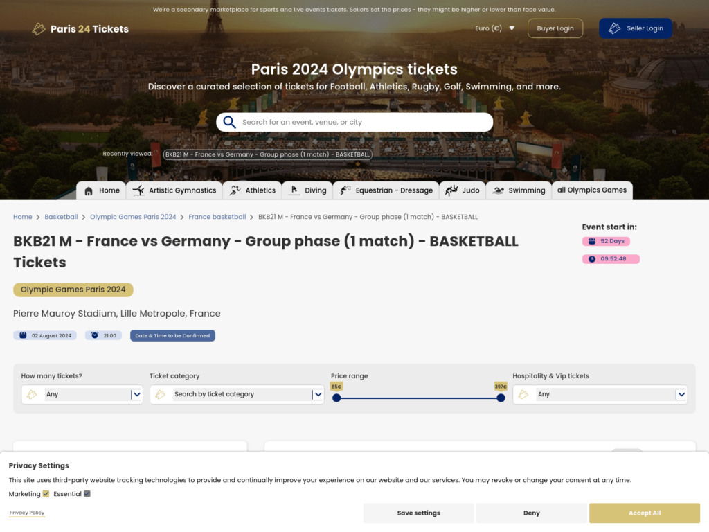 Second screenshot of a fake ticket website, Paris Olympics 2024 scams