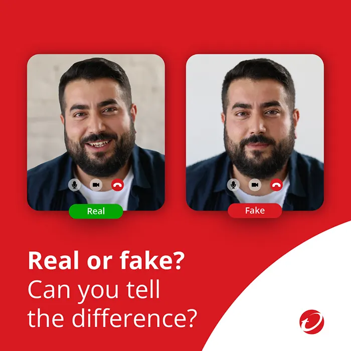 Illustration of video call screenshots on mobile phones with text 'Real or fake? Can you tell the difference?' promoting the free Trend Micro Deepfake Inspector