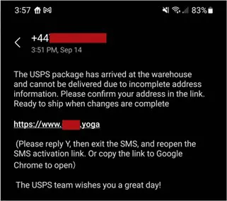 Screenshot of a real smishing case showing a failed delivery scam as modus with a suspicious link