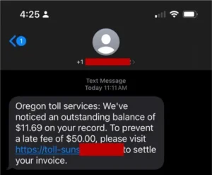 Screenshot of a real smishing case showing an unpaid toll scam as modus with a suspicious link